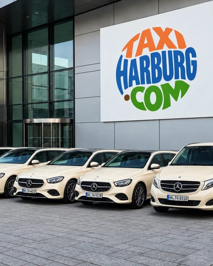 Helle Taxis stehen in einer Reihe vor einem Gebäude mit Glasfront, an der Fassade hängt ein großes Schild mit dem Schriftzug TAXI HARBURG.COM